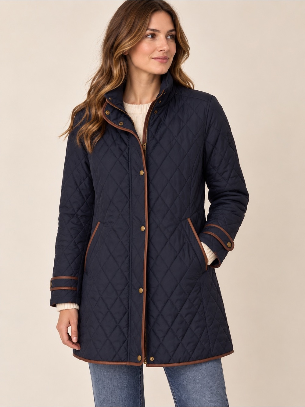 Lauren Ralph Lauren Navy Quilted Coat M Detachable Hood Brown Trim